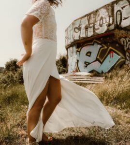 robe de mariée ceinture dentelle transparente fente 44