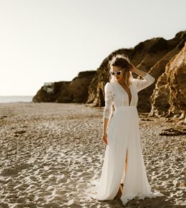 robe de mariée décolleté manches fronces 3/4 dentelle jupe fluide ceinture Saint Nazaire